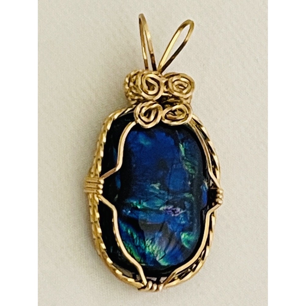 Artisan Wire Wrapped Iridescent Stone Pendant Necklace Blue Gold Handmade